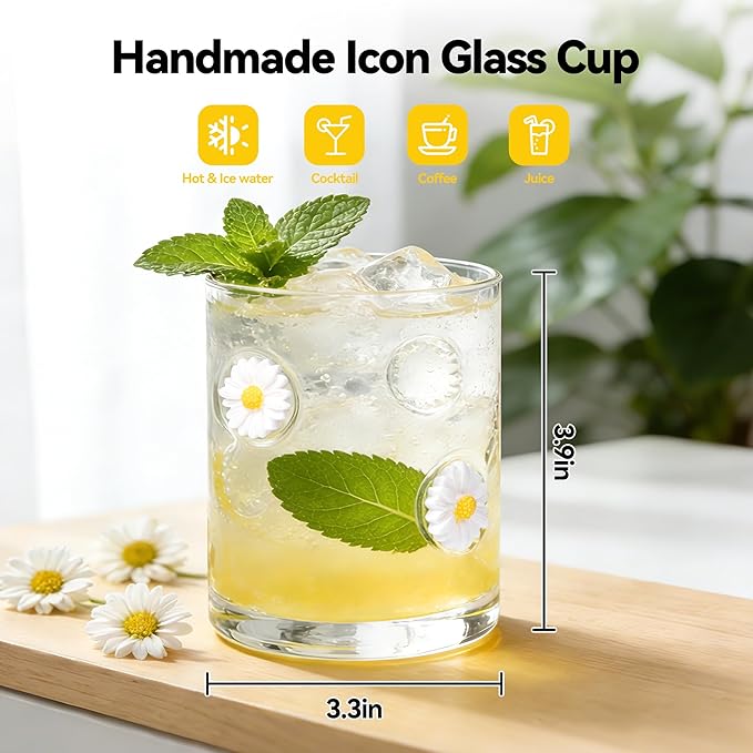2 Pcs Handmade Daisy Icon Juice Glass Cup, Durable Heat-Resistant Glass, 14 oz Double Old Fashioned Drinking Glass Cup for Holiday Party Supplies Spring Gifts