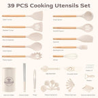 Astercook Kitchen Utensils set, 39 PCS Silicone Cooking Utensils Set with Wooden Handle, 446°F Heat Resistant Food Grade Utensil Sets, BPA Free Kitchen Gadgets Tools Set for Nonstick Cookware (Cream)