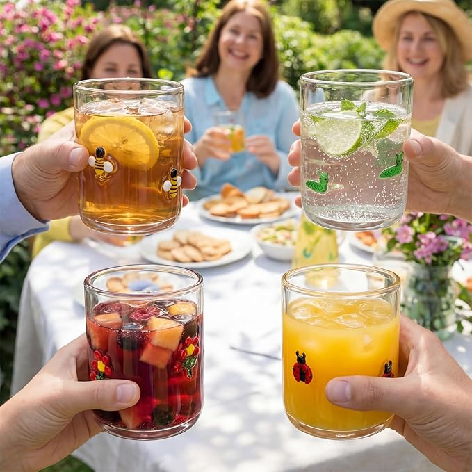 Vesici 4 Pcs Juice Glasses 14 oz Glass Cups Stemless Wine Glasses Hand Blown Drinking Cocktail Cups for Easter Christian Gifts Party Supplies(Ladybug)