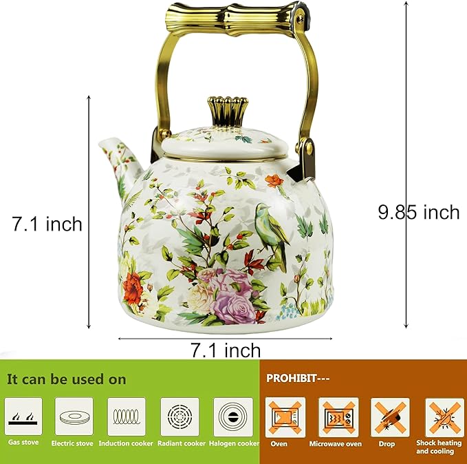 Vintage Enamel Tea Kettle, Birds Floral Pattern Stovetop Teapot with Gold Handle, 2.5L Enamel Kettle Kitchen Decor, Ideal Gift for Housewarming Camping Coffee Pot