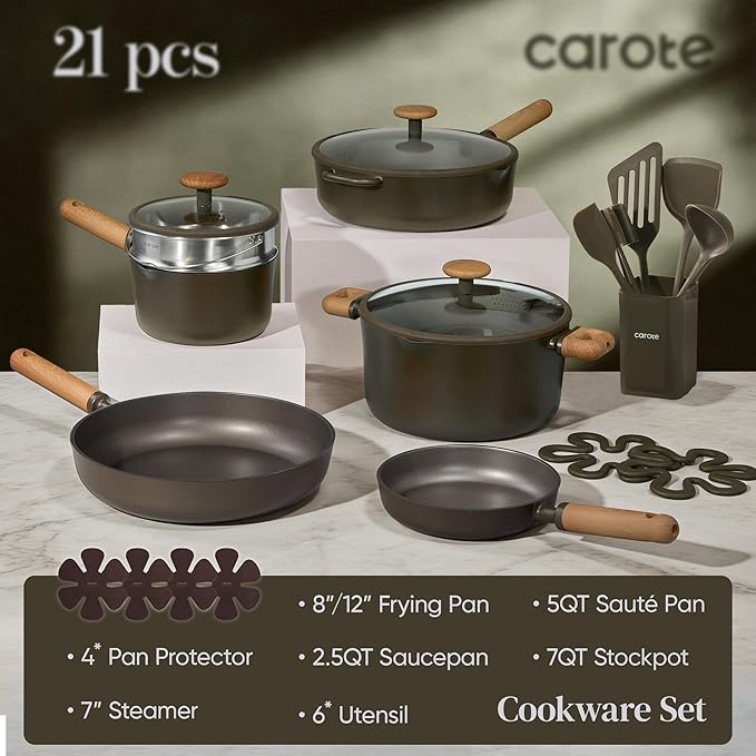 CAROTE Pots and Pans Set Non Stick, 21PCS Cookware Set with Strainer Lid, Induction Cooking Set with Kitchen Utensils, Dark Green