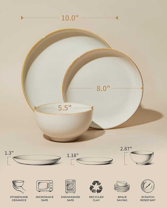 Pokini Stoneware Dinnerware Sets for 6, 18 Piece Microwave Safe Plate and Bowl Set, Easy to Clean & Durable Dishes Sets for Small to Medium Families, Yellow White
