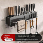 New Multi-Functional Kitchen Rack Home Wall-Mounted Knives Chopstick and Spoon Storage Rack Punch-Free cookware draining Rack, 30, Black