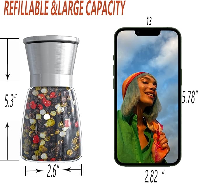 Ebaco Professional Pepper Grinder - with Germany Hardened Carbon Steel Mechanism Rotor, Refillable Pepper Mill 6OZ Glass Adjust Coarseness (1PCS-Sliver-304）
