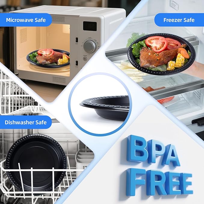 YANGRUI Plastic Plates Mineral Filled PP 10" - 150 Pack Shrink Wrap | Commercial Grade Black Shatter Resistant Trays | Reusable Dishwasher Microwave Safe BPA Free | Heavy Duty Bulk Party Plate