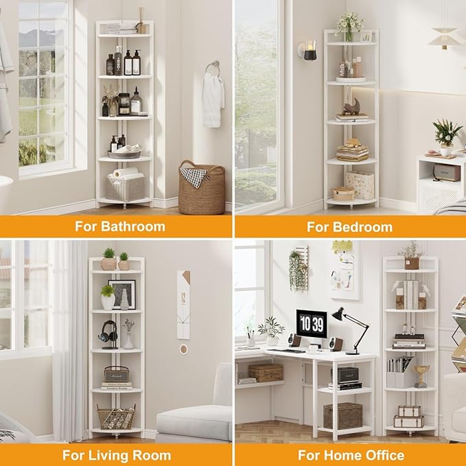 FATORRI Tall Corner Shelf, 5 Tier Modern Corner Bookshelf Stand, Wood and Metal Corner Plant Bookcase for Living Room, Home Office (White Oak)