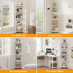 FATORRI Tall Corner Shelf, 5 Tier Modern Corner Bookshelf Stand, Wood and Metal Corner Plant Bookcase for Living Room, Home Office (White Oak)