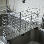3-Compartment 304 Stainless Steel Utensil Holder | Hook Design Silverware Drying Rack | Drainage Basket for Kitchen Tableware Storage with Three Dishwashing Sponges and a Dishcloth
