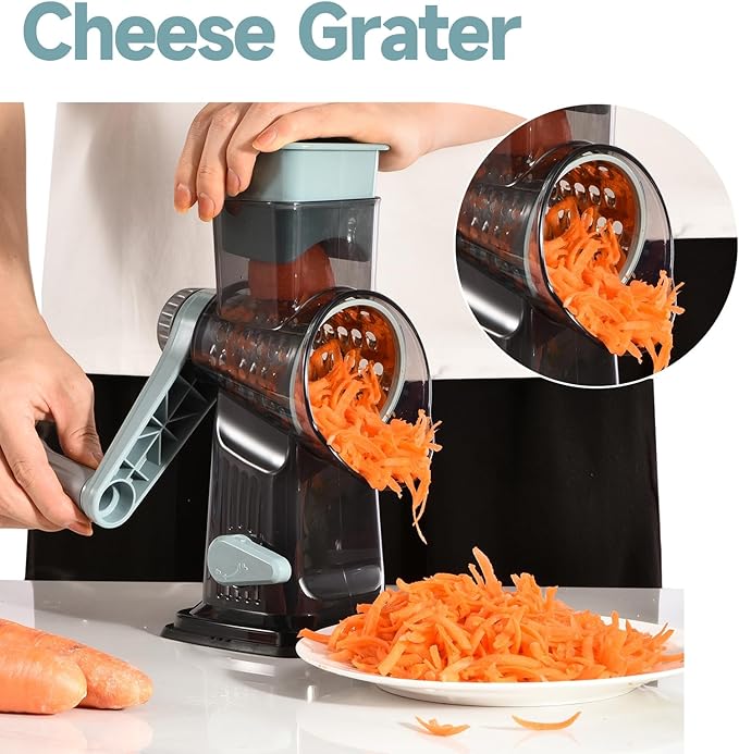 Rotary Cheese Grater with Handle Kitchen Shredder Slicer Grater Slicer Ice Shaver Cheese Vegetable Nuts Potato Zucchini Chocolate 3 Interchangeable Blades (GreyBlue)