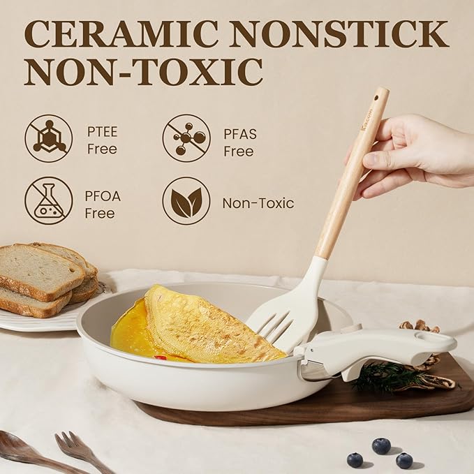 KIKCOIN Nonstick Pots and Pans Set, 22 Pack Ceramic Cookware Set with Detachable Handle, Induction RV Kitchen Cooking Set with Removable Handle, Frying Pans - Dishwasher/Oven Safe, PFOA Free