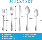 30 Pcs Hammered Silverware Set Service for 6,Stainless Steel Flatware Set,Mirror Polished Cutlery Utensil Set,Durable Home Kitchen Eating Tableware Set,Include Fork Knife Spoon Set,Dishwasher Safe