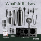 Barillio Black Bartender Kit - Stainless-Steel Cocktail Shaker Set w/Black Bamboo Stand - Mixology Bar Tools w/Drink Shaker, Mixer and Muddler for Cocktails - Home Bar Accessories - 23-Pc Bar Set