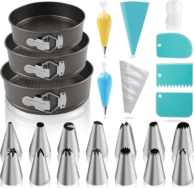 122PCs Cake Pan Sets for Baking, 7/8/9 Inch Round Cake Pans, Nonstick Springform Cake Pans, Cheesecake Baking Pans with 100 Pcs Piping Bags, 16 Pcs Nozzles, 3 Pcs Scrappers