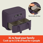 bella 4 Qt TriZone Air Fryer, EverGood™ Ceramic Nonstick Coating, Dual Basket Design w Removable Divider, Digital Touchscreen Control w 6 Preset Cooking Options, 1200 Watt, 3lb Capacity, Plum