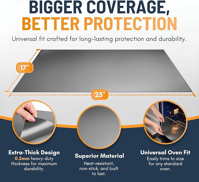 Oven Liners for Bottom of Oven - 4 Pack Large Heavy Duty Mats, 17”x25” Non-Stick Reusable Liner for Electric, Gas, Toasters, Grills - BPA & PFOA Free Kitchen Accessory to Keep It Clean (Silver)
