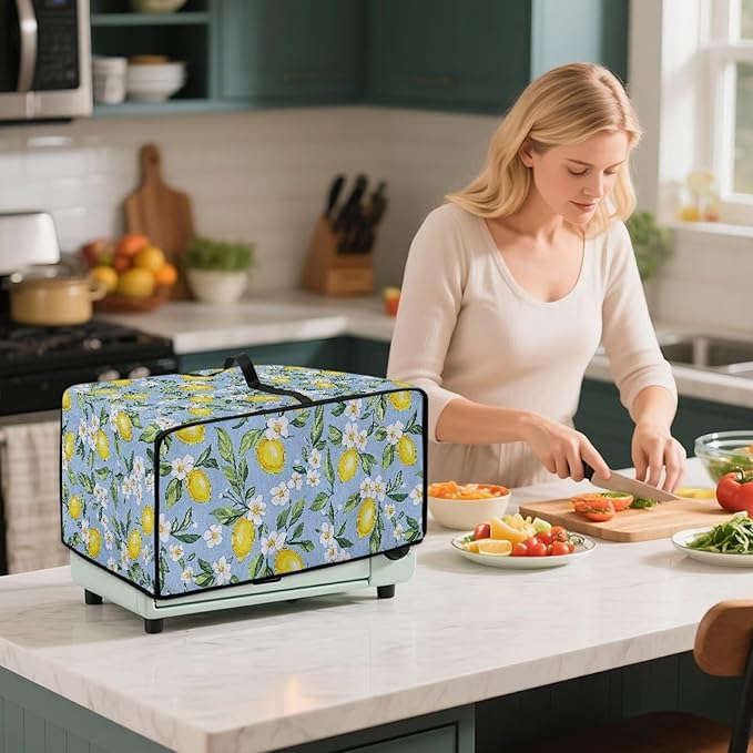 Lemon Daisy Print Toaster Oven Heavy Duty Cover with Pockets, Dust-proof Anti Fingerprint Microwave Oven Cover, Air Fryer Covers for Kitchen Counter (Medium-16.1*19.71*10 inches)