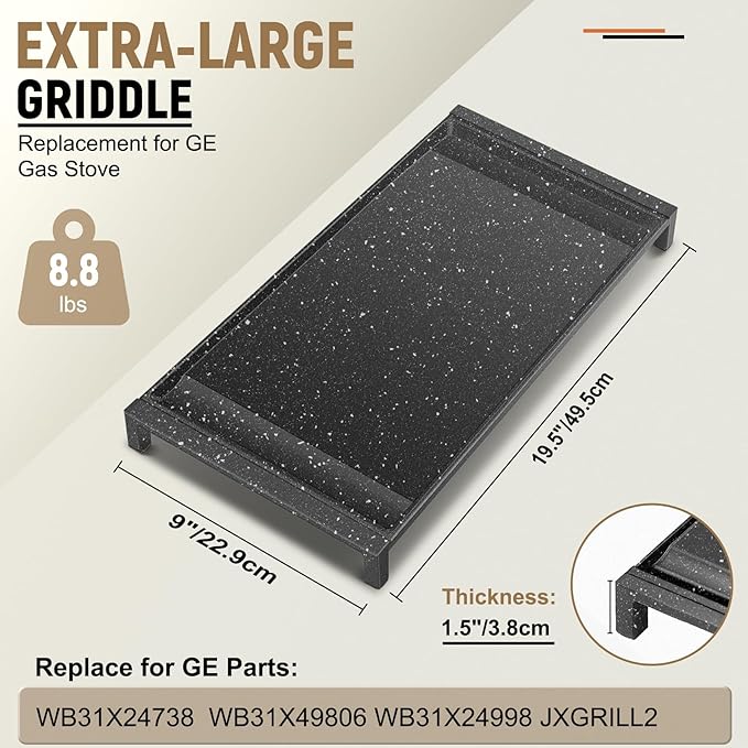 Upgraded WB31X24738 Griddle Replacement for GE Appliance Stove Cooktop, Nitriding Process Marble Style Non-stick Coating, 19.5"×9" Extra-Large Integrated Griddle Plate for GE Gas Stove Top Center