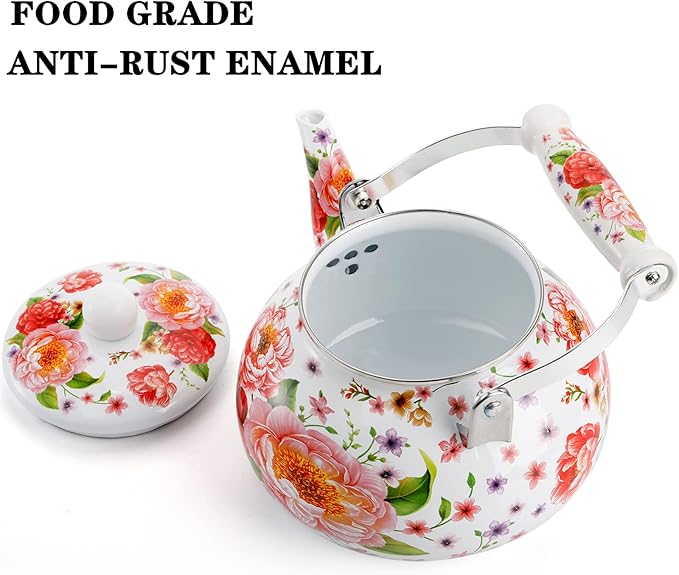 DEAYOU 2.6 Quart Enamel Tea Kettle Stovetop, Large Porcelain Enameled Teakettle, 2.5L Vintage Tea Pot with Ceramic Cool Handle, Colorful Floral Steel Teapot for Hot Water, Retro Decor, No Whistling