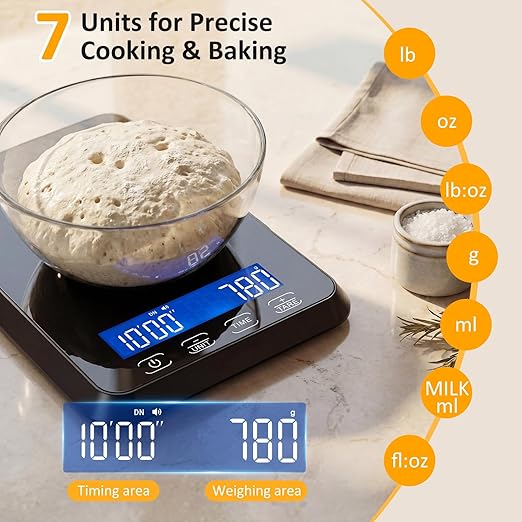 Letron Food Scale, 33 lb / 0.1 oz High Precision Kitchen Scale for Sourdough Bread, Built-in 7 Units, Timing & Tare Function, Rechargeable Digital Kitchen Scale for Food, Baking, Cooking