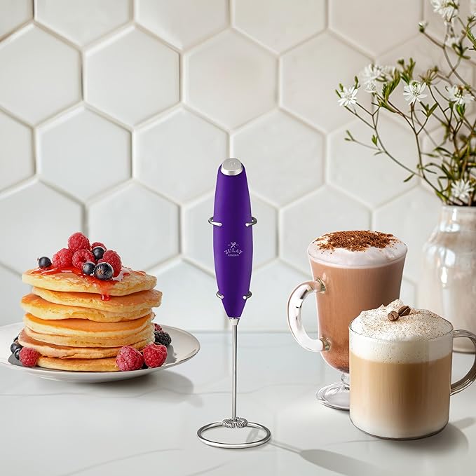 Zulay Kitchen Powerful Milk Frother Wand With 4 AA Duracell Batteries - Ultra Fast Handheld Drink Mixer - Electric Whisk Foam Maker for Coffee, Lattes, Cappuccino, Matcha & Creamer - Grape