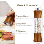 Acacia Wood Premium Acrylic Salt and Pepper Grinder Set 8 Inches Salt and Pepper Mill Set, Manual Mills- Wooden Shakers with Adjustable Ceramic Core 2 Pack for Kitchen Home Gift