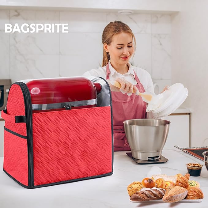 BAGSPRITE Full Open Stand Mixer Cover with Slider Base Compatible with KitchenAid 6-8 Qt Bowl-Lift Mixers – Dustproof Quilted Kitchen Aid Mixer Cover with Pockets for Accessories & Attachments