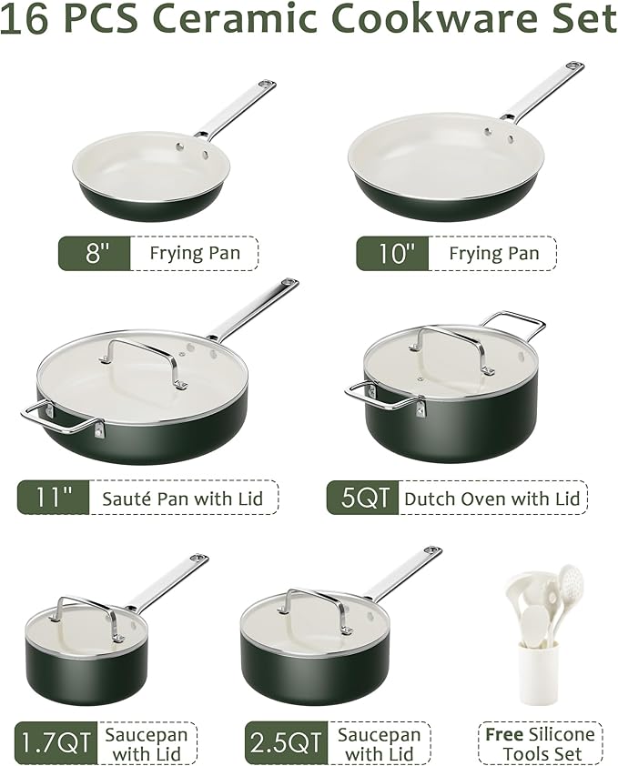Pots and Pans Set - Nonstick Creamic Kitchen Cookware Sets Non Toxic Cookware Set With Dutch Oven, Frying Pan, Saucepan, Sauté Pan, Cooking Utensils Set, Pots and Pans for Cooking Set Gifts