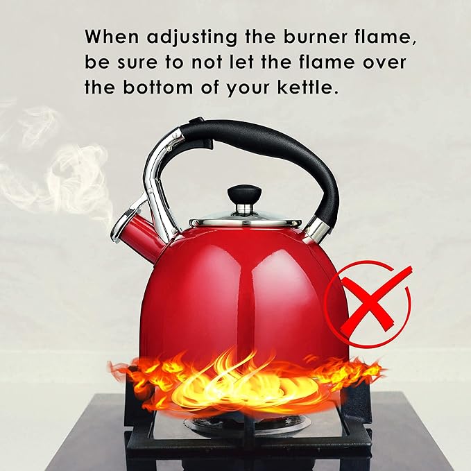 Rorence Whistling Tea Kettle: 2.5 Quart Stainless Steel Kettle for Stove Top with Capsule Bottom & Heat-resistant Glass Lid (Red)