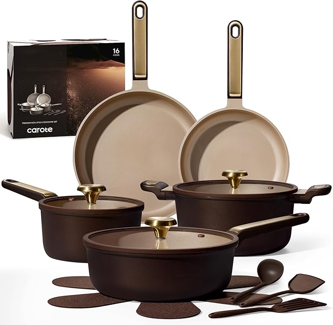 CAROTE Pots and Pans Set Nonstick, 16pcs Cookware Set Nonstick Non-Toxic & PFOA&PFOS-Free, Dishwasher, RV/Camping Cookware Set, Cooking Pots with Lids, Brown