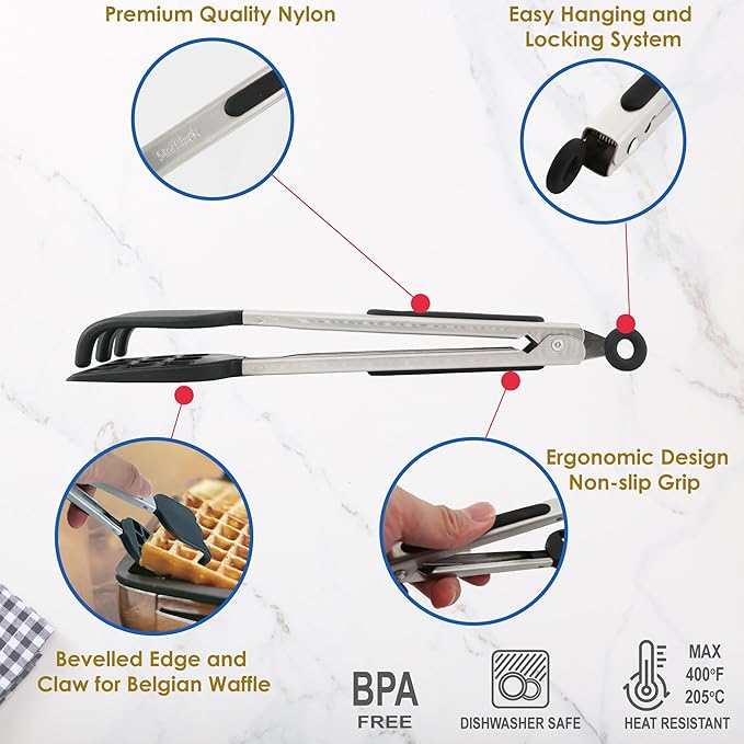 Waffle Tongs by StarBlue – 10 Inches Silicone and Nylon Serving Tongs with Non-Slip Smooth Handles, Non-Scratch and Dishwasher Safe, Multipurpose Spatula Tongs for Belgian Waffle Serving (10 Inch)