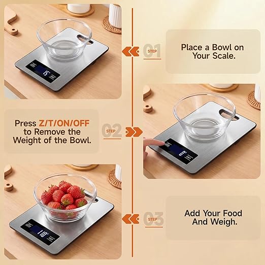 Digital Kitchen Scale and Food Weight Scale with Hang Loop, 11lb Baking Scale for Home and Kitchen, Precise Scales with Grams and Ounces, Stainless Steel (Silver)