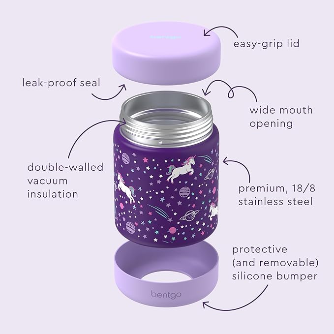 Bentgo Kids Stainless Steel Food Jar - 11oz Leak-Proof Double Insulated Hot or Cold Food Container with Removable Silicone Bumper, Dishwasher Safe, Easy Open Lid, Ages 3+ (Unicorn)