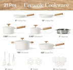 CAROTE Ceramic Cookware Set Nonstick, 21pcs Pots and Pans Set Nonstick, Non-Toxic & PFAS-Free, Dishwasher, RV/Camping Cookware Set, Cooking Pots with Lids, Charcoal Black, Cream