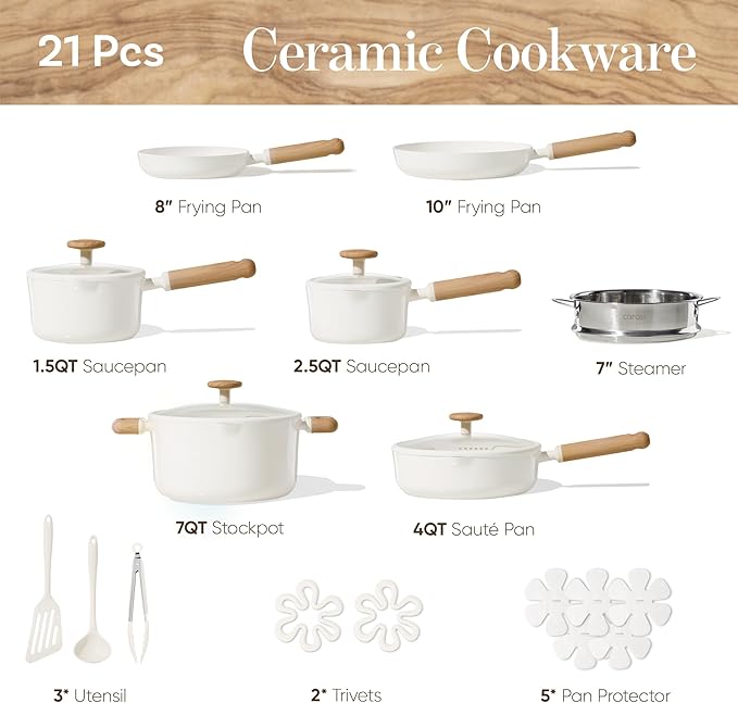 CAROTE Ceramic Cookware Set Nonstick, 21pcs Pots and Pans Set Nonstick, Non-Toxic & PFAS-Free, Dishwasher, RV/Camping Cookware Set, Cooking Pots with Lids, Charcoal Black, Cream