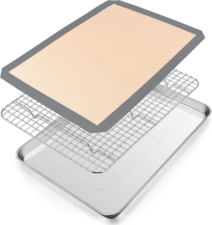 P&P CHEF 16 x 12 x 1 Inch Toaster Oven Pan with Grid Rack and Silicone Mat, Stainless Steel Toaster Oven Tray Baking Pan with Cooling Roasting Rack, Dishwasher Safe (3Pcs)