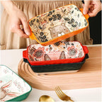 Ceramic Baking Pan, Forest Animals Pattern Tableware With Handle Salad Bowl Au Gratin Dish(Rabbit A rectangular)