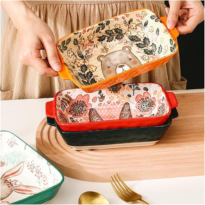 Ceramic Baking Pan, Forest Animals Pattern Tableware With Handle Salad Bowl Au Gratin Dish(Deer rectangular)
