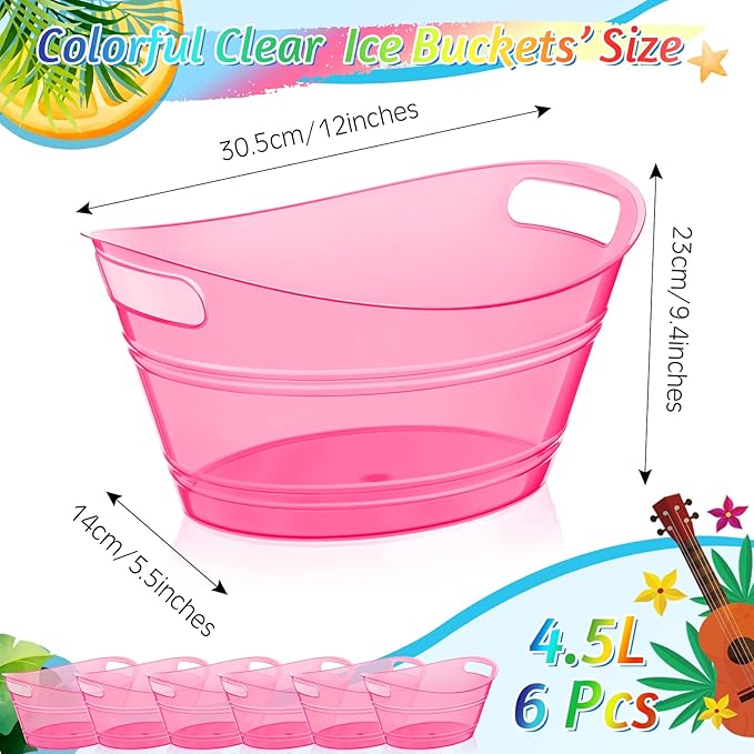 meekoo 6 Pcs Plastic Ice Buckets Bulk with Handles 4.5L Oval Storage Tub Large Capacity Ice Drink Bucket for Party Bar Wine Beer Champagne Beverage Bottle Cooler (4.5 L,Rose Red)