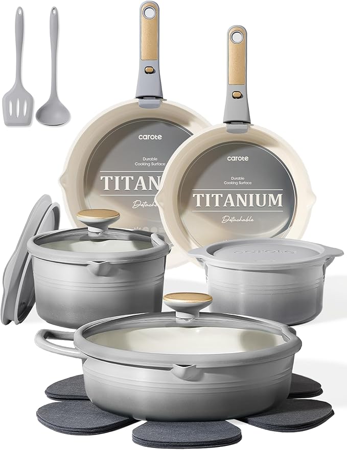 CAROTE 17Pcs Titanium Cookware Set, Pots and Pans Set Non Stick, Kitchen Cooking Set with Detachable Handle, Non Toxic Induction Cookware, Dishwasher/Oven Safe
