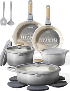 CAROTE 17Pcs Titanium Cookware Set, Pots and Pans Set Non Stick, Kitchen Cooking Set with Detachable Handle, Non Toxic Induction Cookware, Dishwasher/Oven Safe