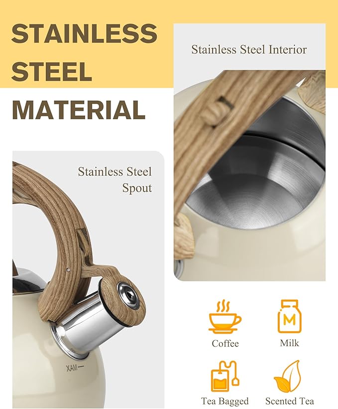 Hauce Radio Teapot for Stovetop, 2.1 Quart Stove Top Whistling Tea Kettle, Teapot Kettles with Food Grade Stainless Steel and Wood Pattern Folding Handle, Suitable for All Heat Sources