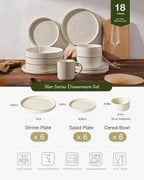 Famiware Star 18-Piece Stoneware Plates and Bowls Sets, Service for 6, Ceramic Dinnerware with Trim, Modern Rustic Dishes for Everyday/Formal, Chip/Scratch Resistant, Microwave/Dishwasher Safe, White