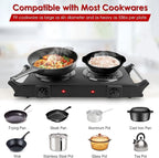 Electric Countertop Double Burner, 2000W Cooktop with Coil Hot Plate & Stay Cool Handles, 5 Level Temperature Control, Easy to Clean, Indicator Lights, Cooking Stove for Office/Home/Camping Use