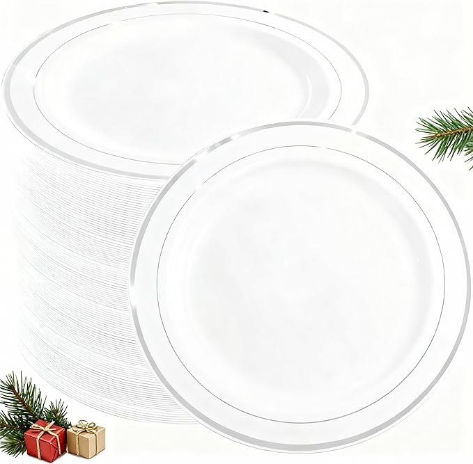 WELLIFE 144 Pieces Silver Plastic Dessert Plates, 7.5 inch Disposable Salad Plates, Premium White Appetizer Plates with Silver Rim, Ideal for Party, Wedding
