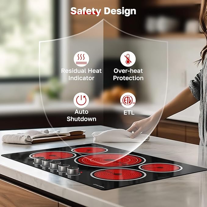 ThermoMate 30 Inch Electric Cooktop, 5 Burners Knob Control Built-in Ceramic Cooktop, 30" Radiant Electric Stove Top of 9000W with 9 Heat Levels, Hot Surface Indicator, 220-240v, Hard Wired