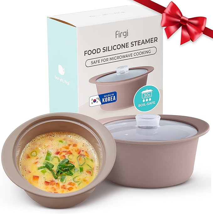 27oz Platinum Silicone Microwave Steamer Pot with Handle & Lid - Korean 100% Food-Grade Steamer Bowl, Heat-Resistant Cooker with Steam Holes, Easy Clean, Dishwasher Safe, Taupe Brown