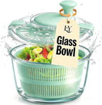 Large 5.2 Qt Glass Salad Spinner Vegetable Dryer with Drain Microwave Safe Dishwasher Safe with Transparent Lid Crank Handle Quick Spin Greens Washer for Lettuce Herbs Fruits