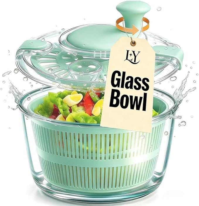 Large 5.2 Qt Glass Salad Spinner Vegetable Dryer with Drain Microwave Safe Dishwasher Safe with Transparent Lid Crank Handle Quick Spin Greens Washer for Lettuce Herbs Fruits