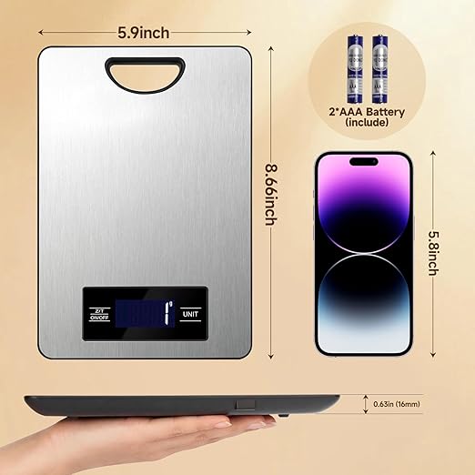 Digital Kitchen Scale and Food Weight Scale with Hang Loop, 11lb Baking Scale for Home and Kitchen, Precise Scales with Grams and Ounces, Stainless Steel (Silver)