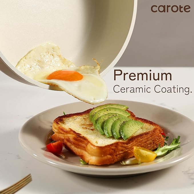 CAROTE 12Pcs Ceramic Pots and Pans Set Non Stick, Healthy Cookware Set, PFAS/PFOA Free, Kitchen Cooking Set with Frying Pans, Taupe